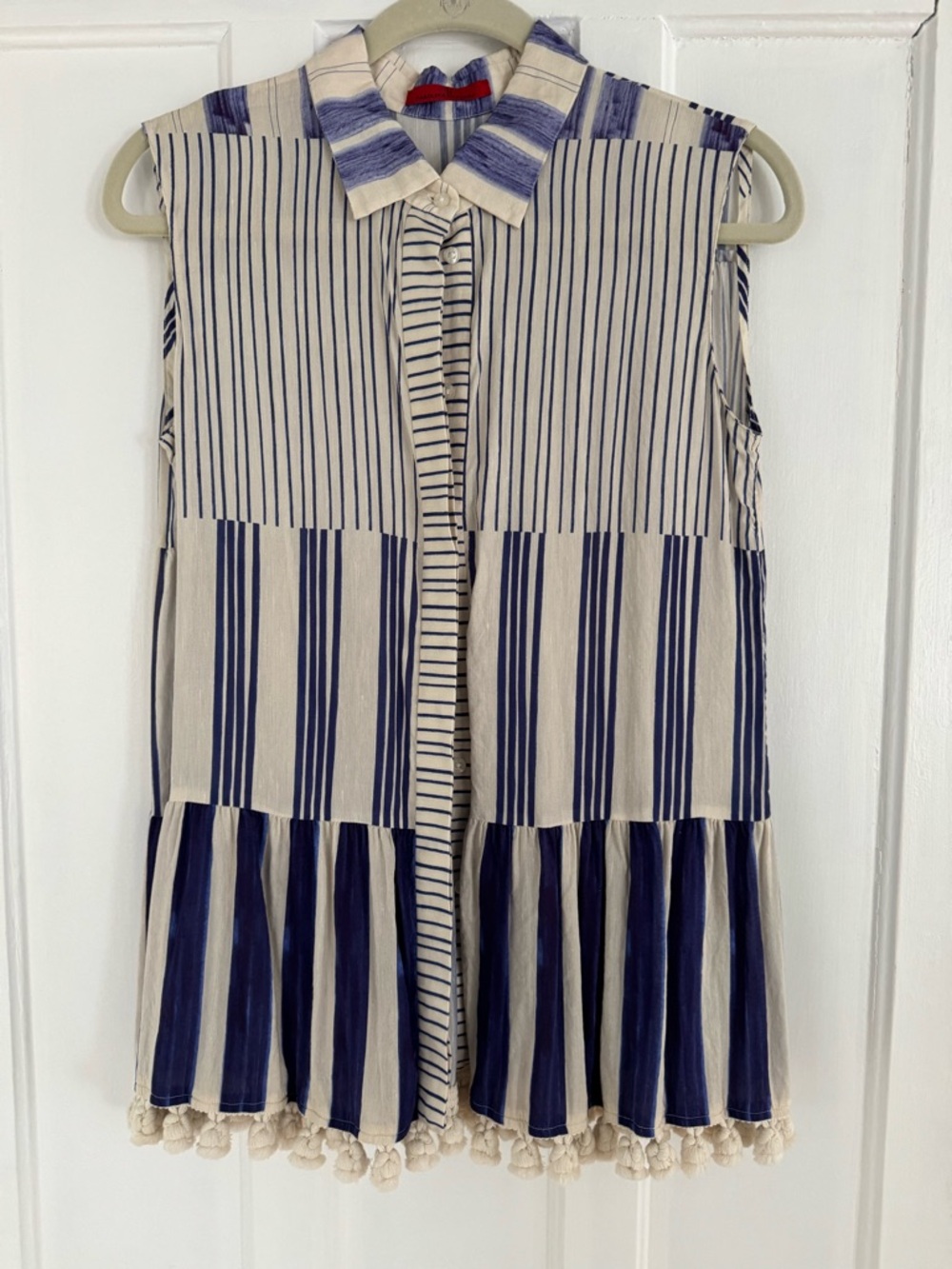 carolina herrera sleeveless striped tunic with pom pom trim